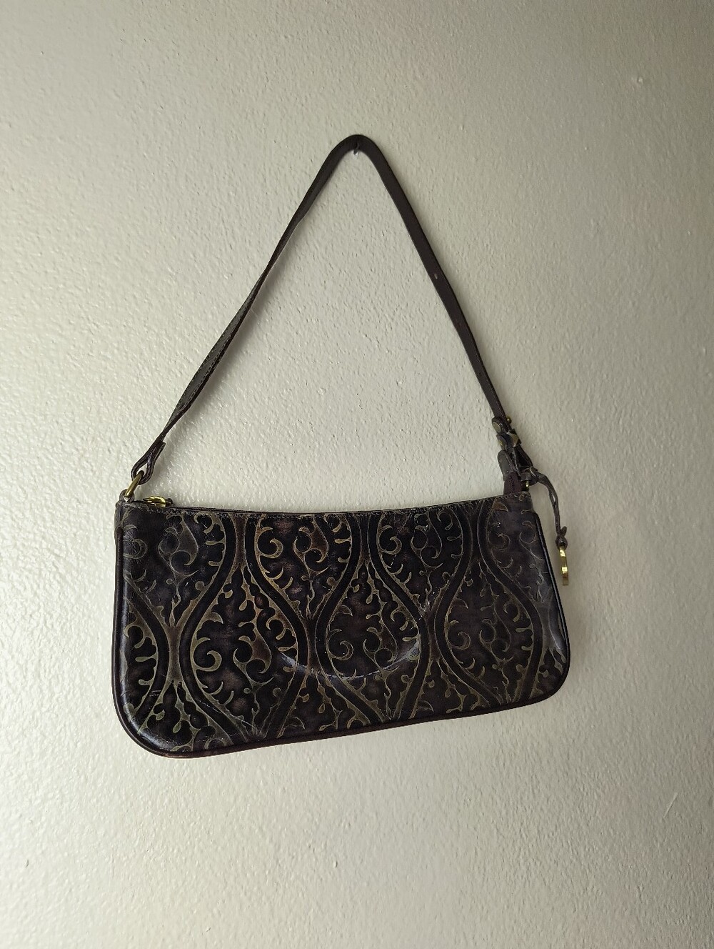 Brahmin Brown Tooled Leather Shoulder Bag with Gold Accents